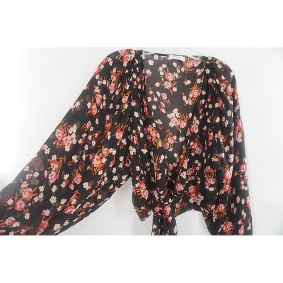 A.L.C. Carla Floral 100% Silk Wrap Floral Black Pink Ruffle Cuffs Blouse Size S - Picture 10 of 16